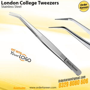 Serrated tip London College tweezers made of surgical-grade stainless steel for dental cotton roll handling.