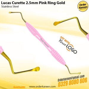 Lucas Bone Curette 2.5mm featuring gold titanium-coated tips and a pink identification ring for surgical socket debridement.