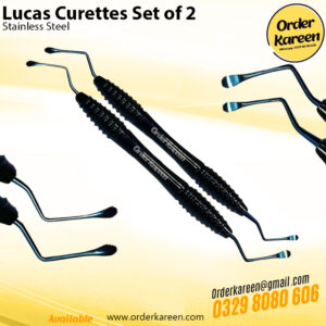 Alt Text: A pair of double-ended Lucas surgical curettes with spoon-shaped serrated tips and ergonomic octagonal handles.