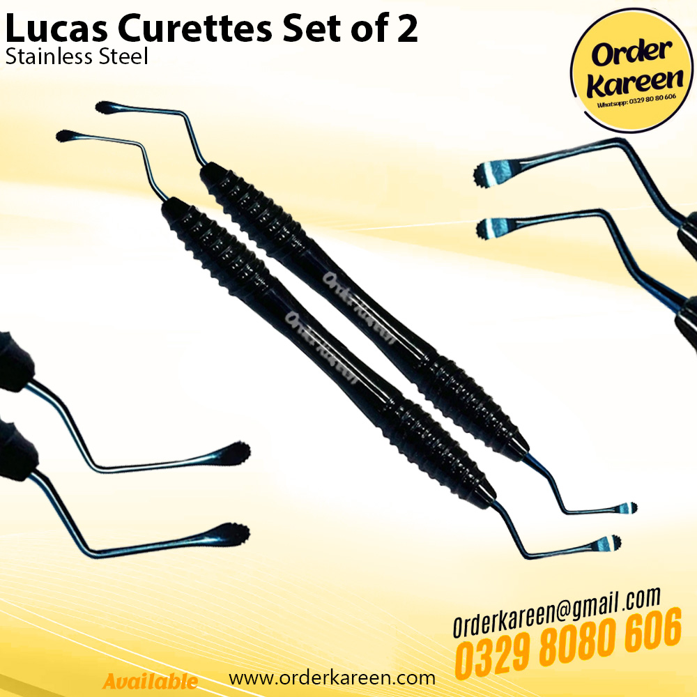 Lucas-Bone-Curettes-Surgical-Set Alt Text: A pair of double-ended Lucas surgical curettes with spoon-shaped serrated tips and ergonomic octagonal handles.