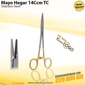 14cm Mayo-Hegar needle holder with gold-plated ring handles and tungsten carbide serrated jaws.