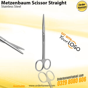 Straight Metzenbaum surgical scissors with long shanks and short blunt blades for delicate tissue dissection.