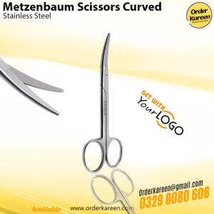 Curved Metzenbaum surgical scissors with long shanks and blunt curved tips for soft tissue dissection