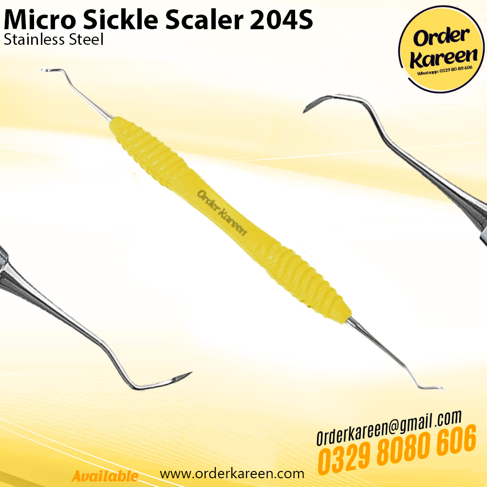 micro-sickle-scaler-204s-dental-hygiene-tool Stainless steel Micro-Sickle Scaler 204S with dual-ended sharp curved blades for posterior supragingival scaling.