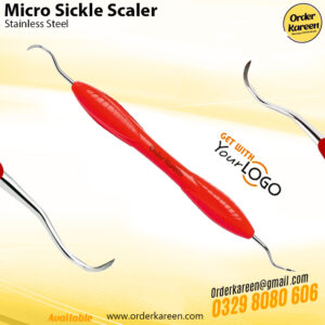 Stainless steel Micro Sickle Scaler with thin curved blades for removing calculus from tight interproximal dental spaces.