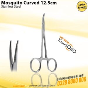 Surgical-grade stainless steel Mosquito hemostatic forceps, 12.5cm curved, with serrated jaws and locking ratchet.
