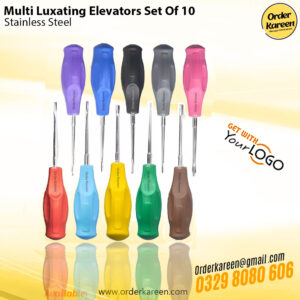 10-piece set of professional dental luxating elevators with assorted straight and curved tips for atraumatic extraction.