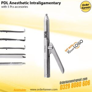 PDL intraligamentary gun syringe kit featuring a stainless steel injector and 5 interchangeable protective sleeves/accessories.