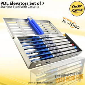 7-piece PDL elevator set with ultra-thin tips housed in a professional stainless steel sterilization cassette.