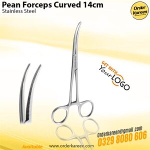 14cm curved Pean hemostatic forceps made of stainless steel with serrated jaws and ratcheted handle.