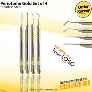 Set of 4 gold-tipped periotomes for atraumatic tooth extraction and periodontal ligament severing.