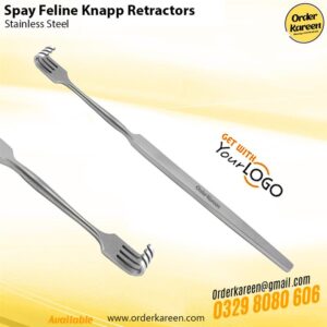 Professional 4-prong Knapp retractor for feline spay surgery with blunt prongs and stainless steel handle.