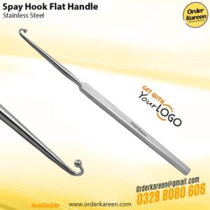 Professional blunt-pointed veterinary spay hook for atraumatic uterine horn retrieval during OHE surgery.