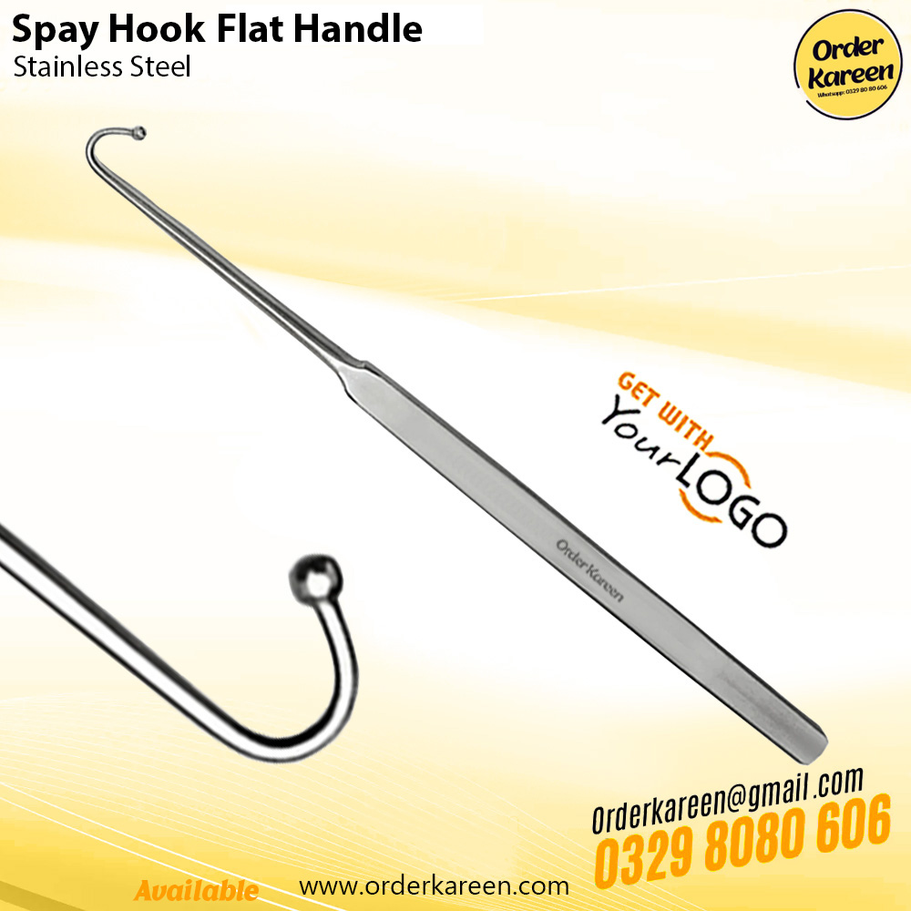 Spay-Hook-Flat-Handle-Surgical-Steel Stainless steel Snook spay hook with an ergonomic flat handle for directional control in veterinary surgery.