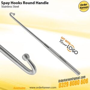 Traditional round handle Snook spay hook with a knurled grip for veterinary ovariohysterectomy.