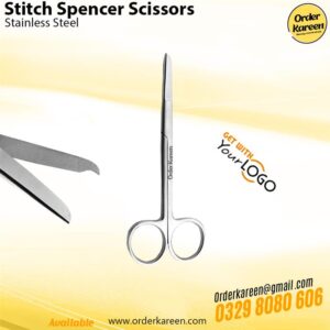 Spencer stitch scissors with a small hook-shaped tip on one blade for lifting and cutting surgical sutures.