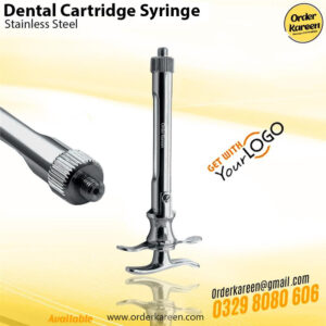Stainless steel dental aspirating cartridge syringe, 1.8ml capacity, featuring a thumb ring and harpoon plunger for local anesthesia.