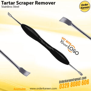 Close-up of a dual-ended stainless steel dental tartar scraper and plaque remover tool for oral hygiene.