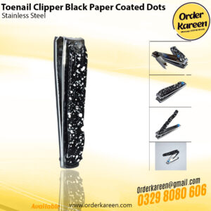 Black toenail clipper with paper-coated handle and white dot design