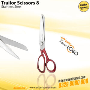 Professional 8-inch tailor scissors with sharp stainless steel blades and ergonomic red handles for precision fabric cutting.