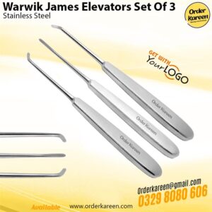 Set of three stainless steel Warwik-James dental elevators for tooth extraction and root luxation.