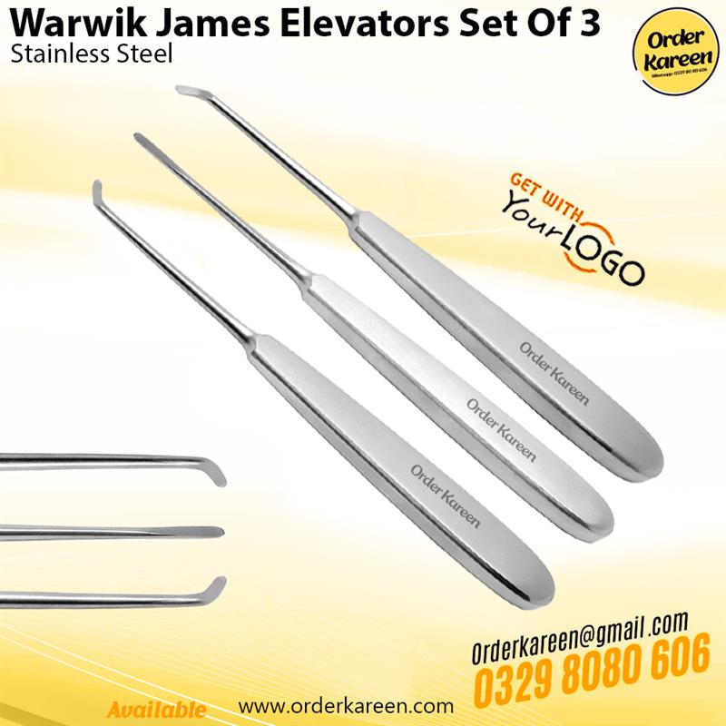 warwik-james-dental-elevators-set-of-3 Set of three stainless steel Warwik-James dental elevators for tooth extraction and root luxation.