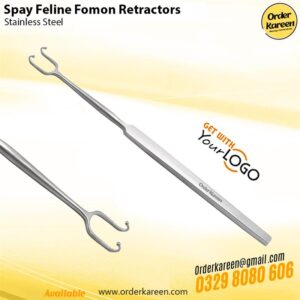 Specialized Fomon retractor for feline spay surgery featuring ball-tip prongs for atraumatic tissue retraction.
