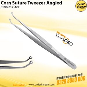 Corn Suture Tweezer Angled stainless steel surgical instrument with angled serrated tips for precise tissue handling