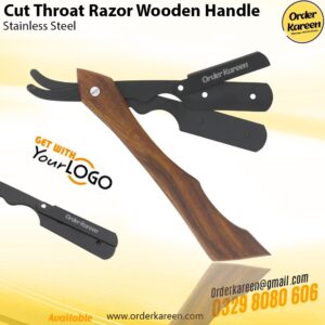 Cut-Throat Razor with wooden handle and stainless steel straight edge blade for precise professional shaving