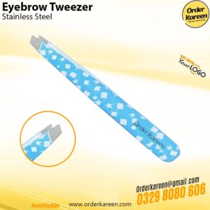 Eyebrow tweezer with sky blue coating and white dot design for precise hair removal and shaping.