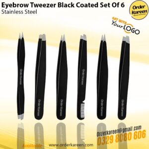 Black-coated eyebrow tweezer set of 6 with precision tips for professional grooming and eyebrow shaping.