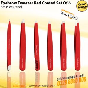 Red coated eyebrow tweezer set of 6 stainless steel precision tweezers for eyebrow shaping and facial hair removal