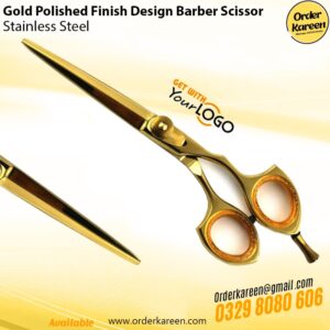Gold polished finish barber hair scissor with ergonomic handle for professional salon hair cutting.
