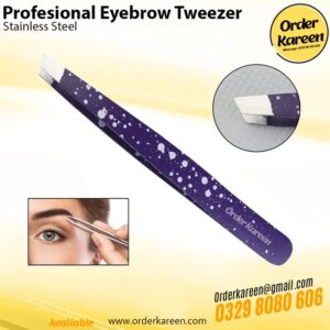 Close-up of professional stainless steel slant-tip eyebrow tweezers for precision hair removal.