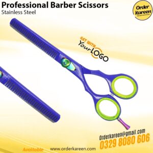 Professional Barber Scissors with blue coated stainless steel blades for precise hair cutting