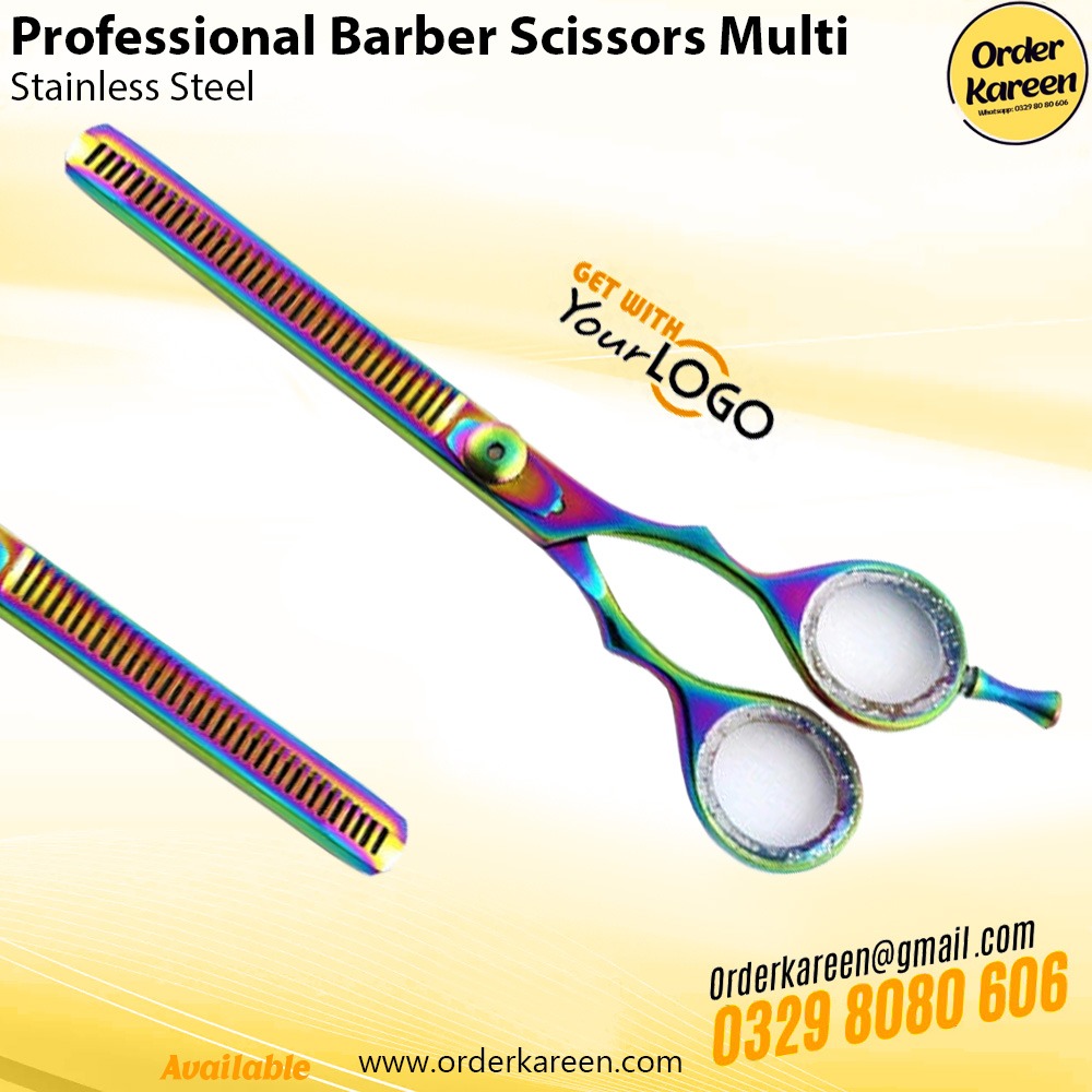 Professional Barber Scissors Double Thinning Multi – Multi-Color Texturizing Shears Professional Barber Scissors Double Thinning Multi stainless steel thinning shears with multi-color finish for smooth hair texturizing.