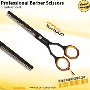 Professional barber scissors golden rubber ring with stainless steel blades for smooth and precise hair cutting.